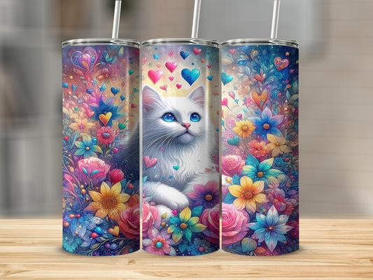 White cat surrounded by colorful flowers and hearts, digital art.