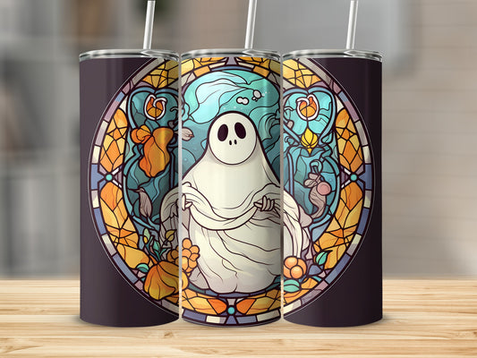 Ghost in stained glass pattern on a dark tumbler.