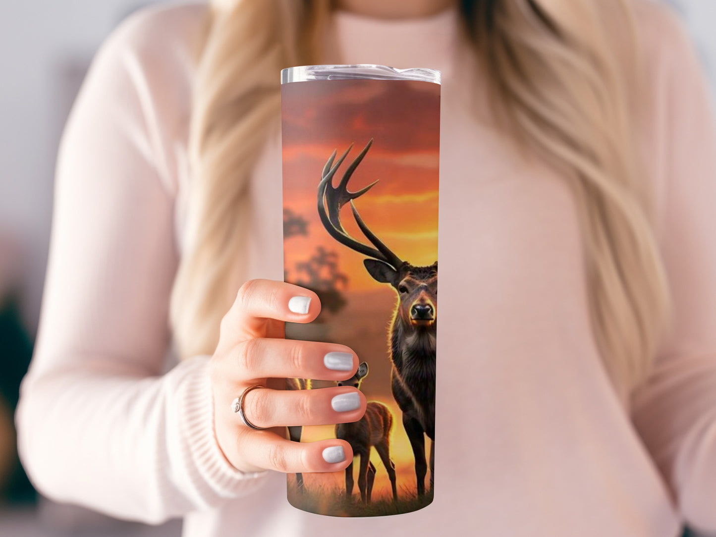 Deer and Sunset Scene Tumbler 16 oz Double-Walled