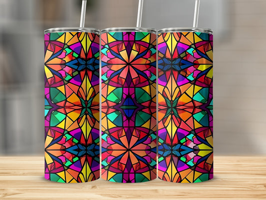Three tumblers with a colorful stained-glass mosaic pattern.
