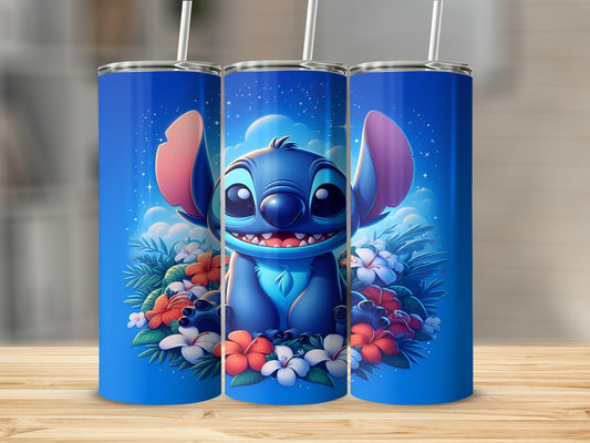 Blue Stitch character surrounded by colorful flowers and stars on a blue background.