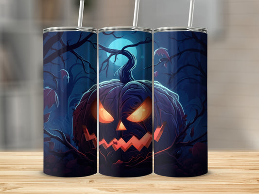 Three tumblers feature a spooky jack-o'-lantern face in a dark, moonlit forest.