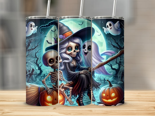 Halloween tumbler with witch, skeleton, ghosts, pumpkins, and bats.