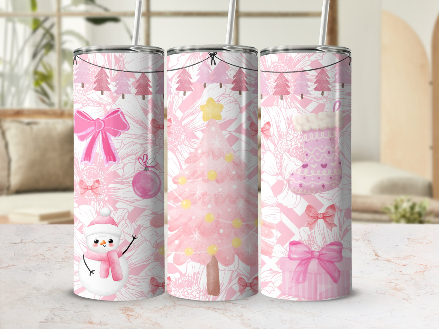 Christmas Holiday Pink Theme Pattern Tumbler Set