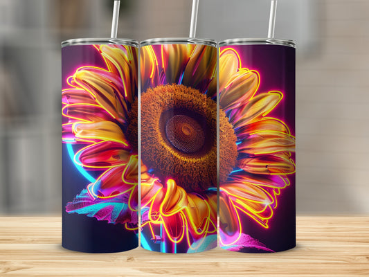 Three tall tumblers featuring a neon sunflower design on a wooden surface.