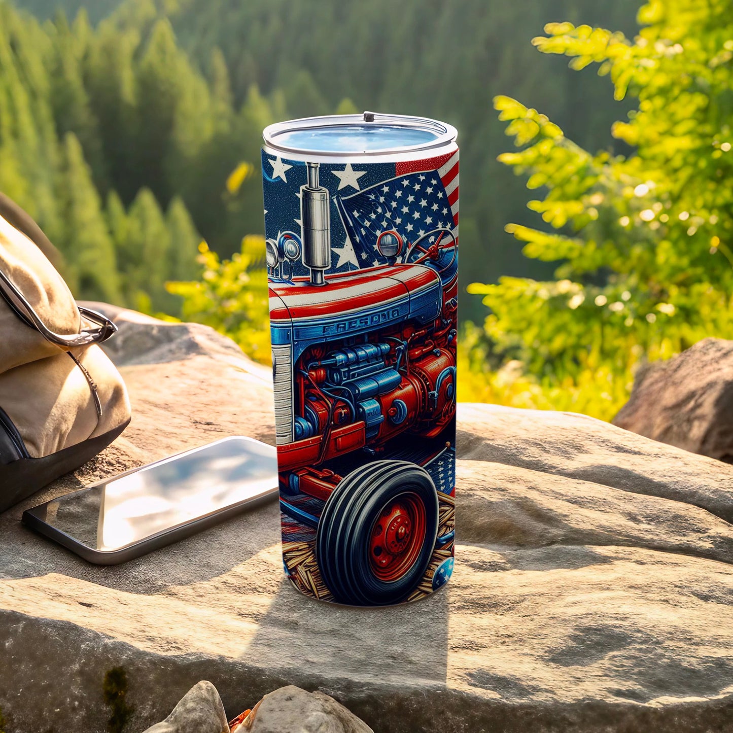 Red, white, and blue tractor tumbler with American flag design.