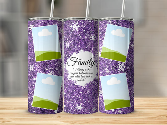 Glittery purple tumbler with snowflakes, photo frames, and the quote "Family is the compass".