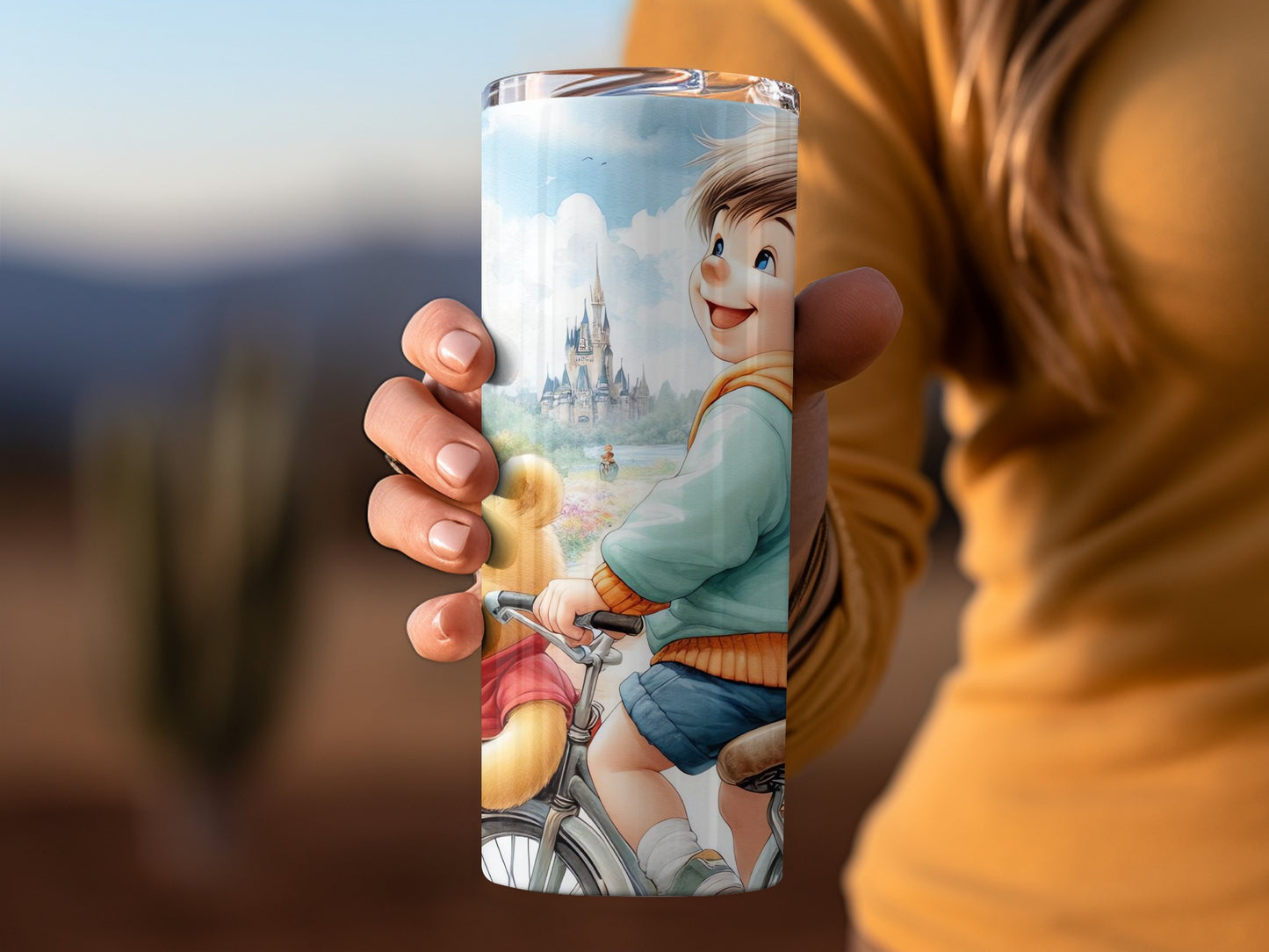 Boy with Pooh Riding Bike near Castle Watercolor Style Tumblers