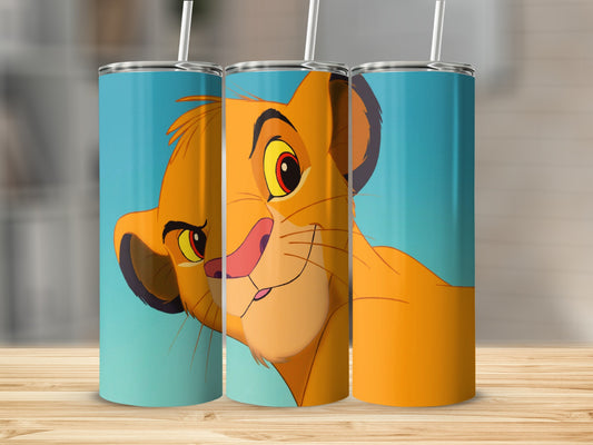 Simba from The Lion King on a tumbler with a blue background.