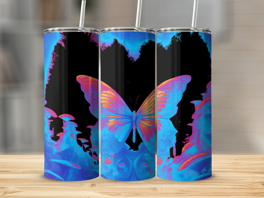 Three tumblers with a colorful butterfly design and abstract blue, pink, and orange elements.