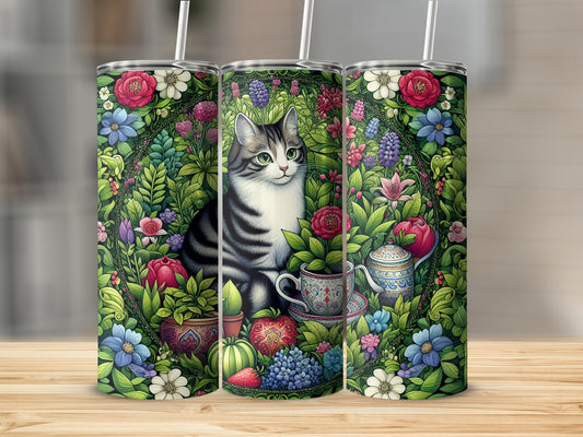 Cat in a floral garden with teacups and fruit on a tumbler.