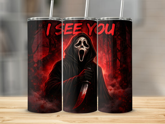 Scream character with knife and "I SEE YOU" text on red, dark forest background.