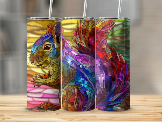Stained glass squirrel tumbler with colorful abstract background.