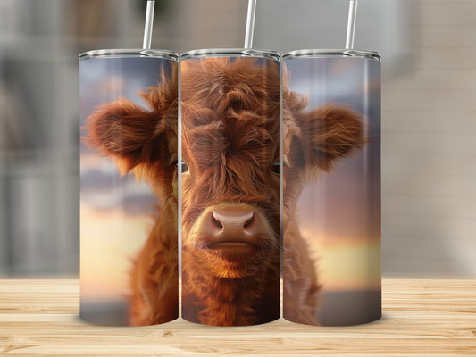 Highland cow face on a skinny tumbler with straw.