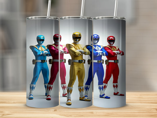 Three Red, Blue, and Yellow Power Rangers stand with arms crossed.