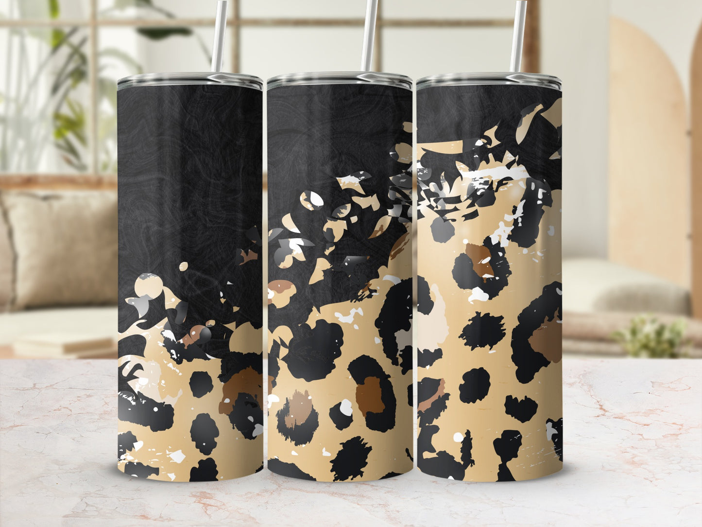 Abstract Black and Leopard Print Tumblers Set of Three