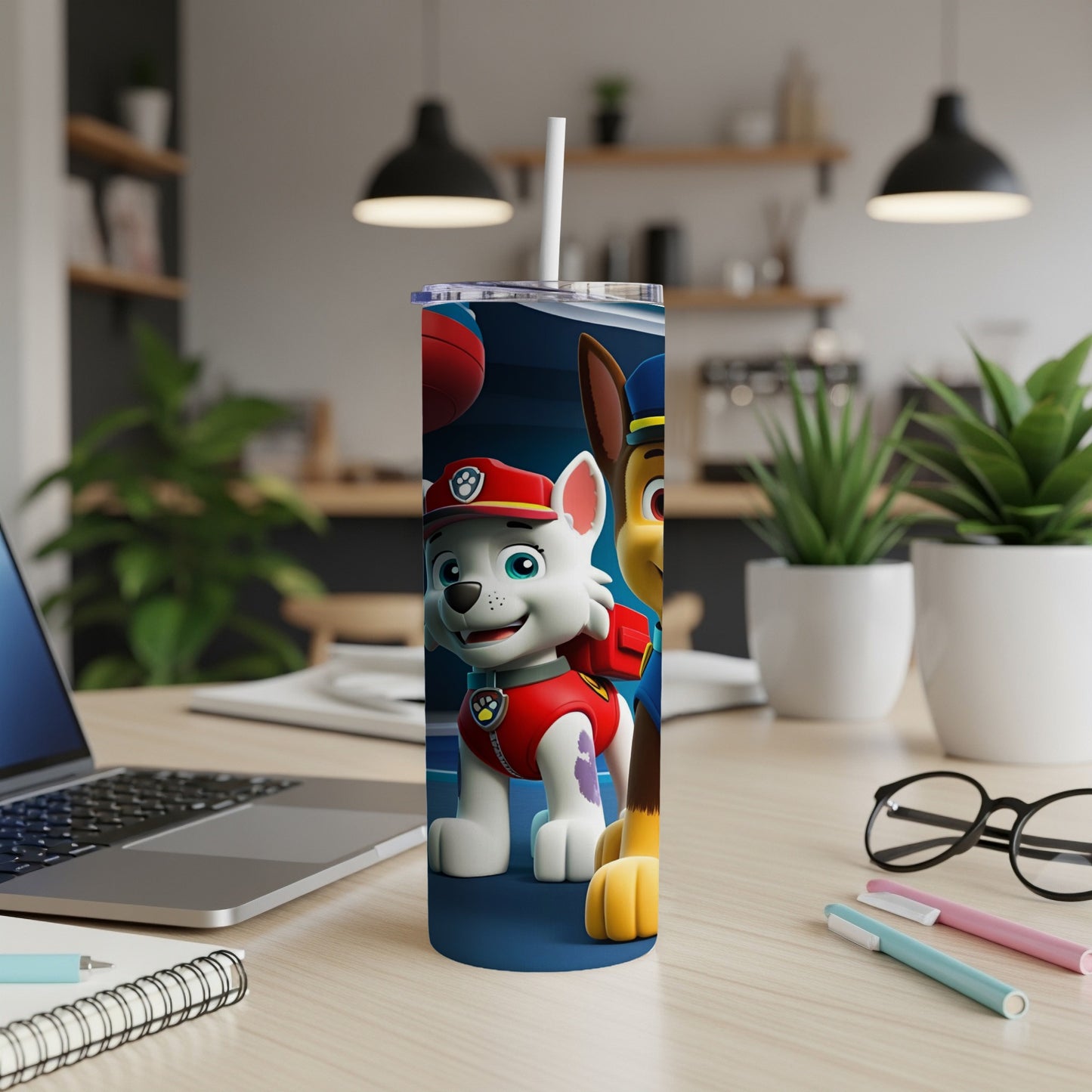 Paw Patrol Chase and Rubble on a blue tumbler with a basketball.