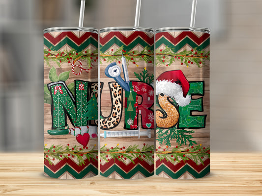 "Nurse" word art with Christmas and medical elements on a wooden background.