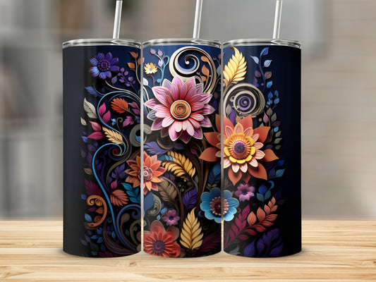 Three tumblers with colorful floral designs on a wooden surface.