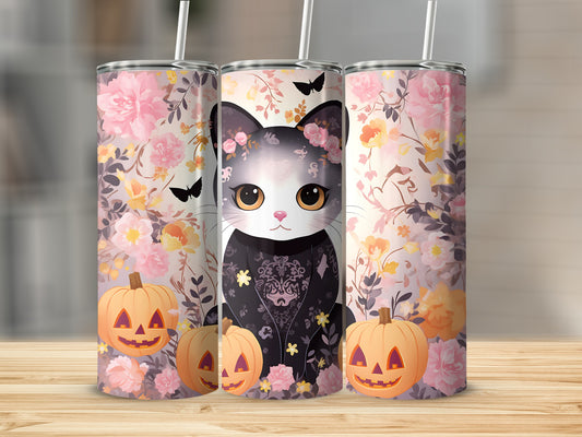 Halloween cat with pumpkins and floral background on three tumblers.