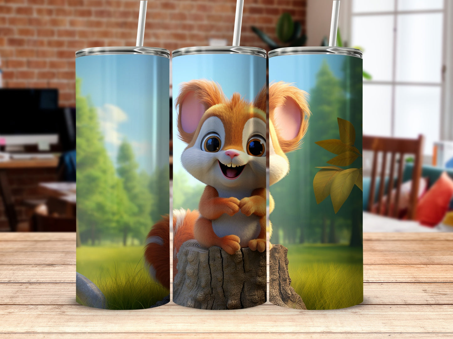 Cartoon Squirrel Tumbler with Forest Background