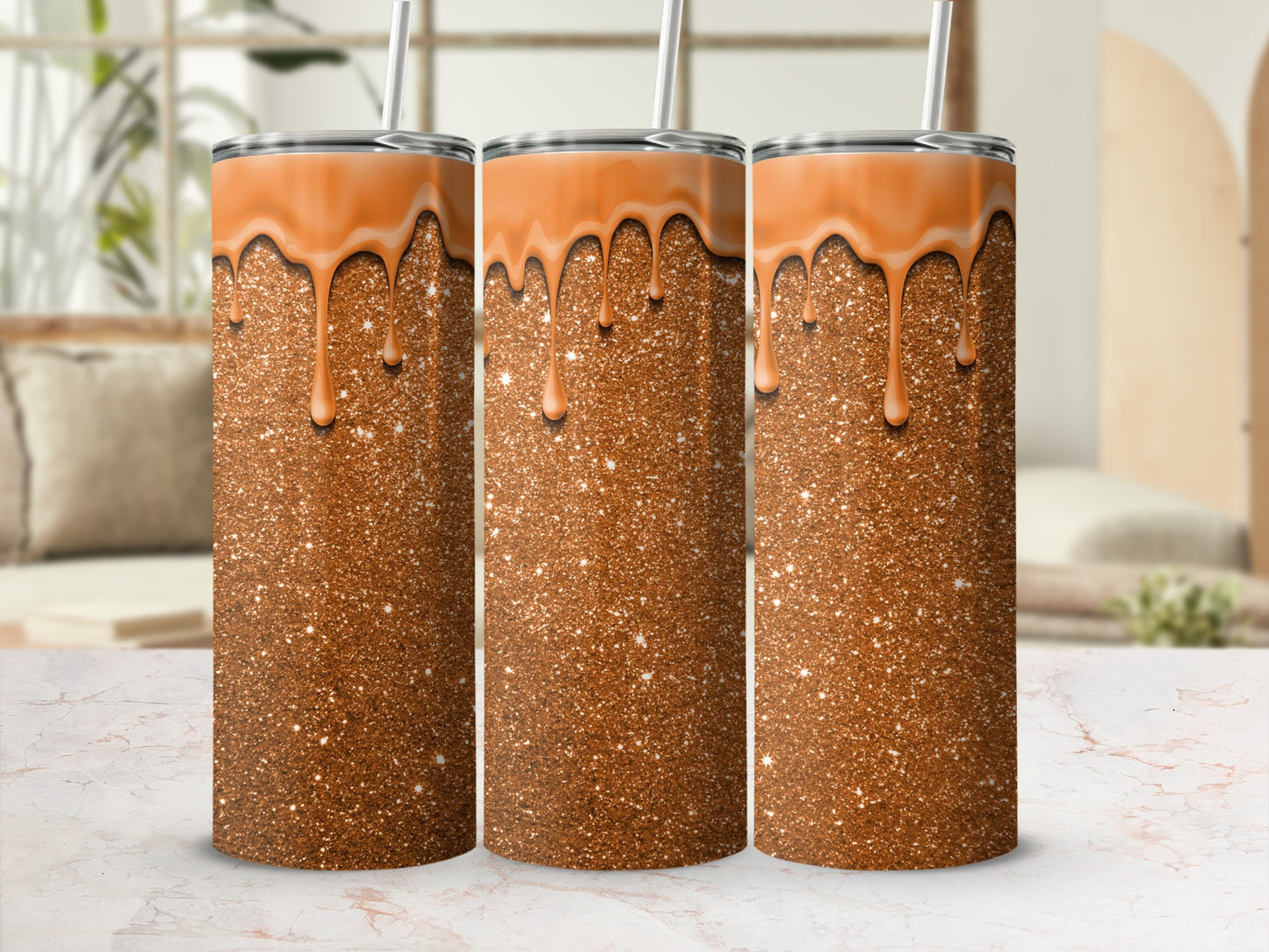 Shimmering Glitter Drip Tumblers with Lids and Straws