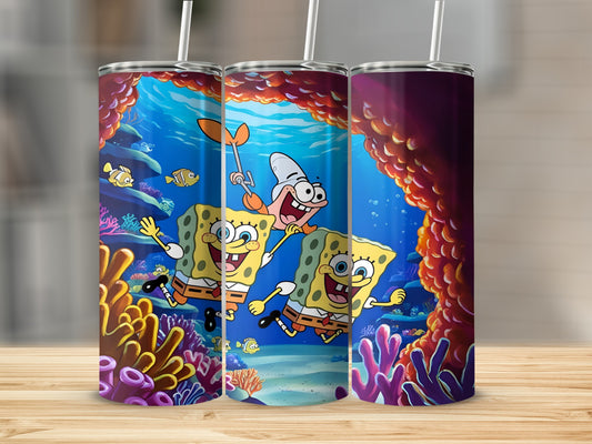 Spongebob and Patrick underwater with colorful coral and fish.