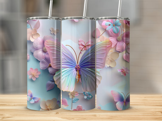 Three tumblers with pastel butterflies and floral designs.