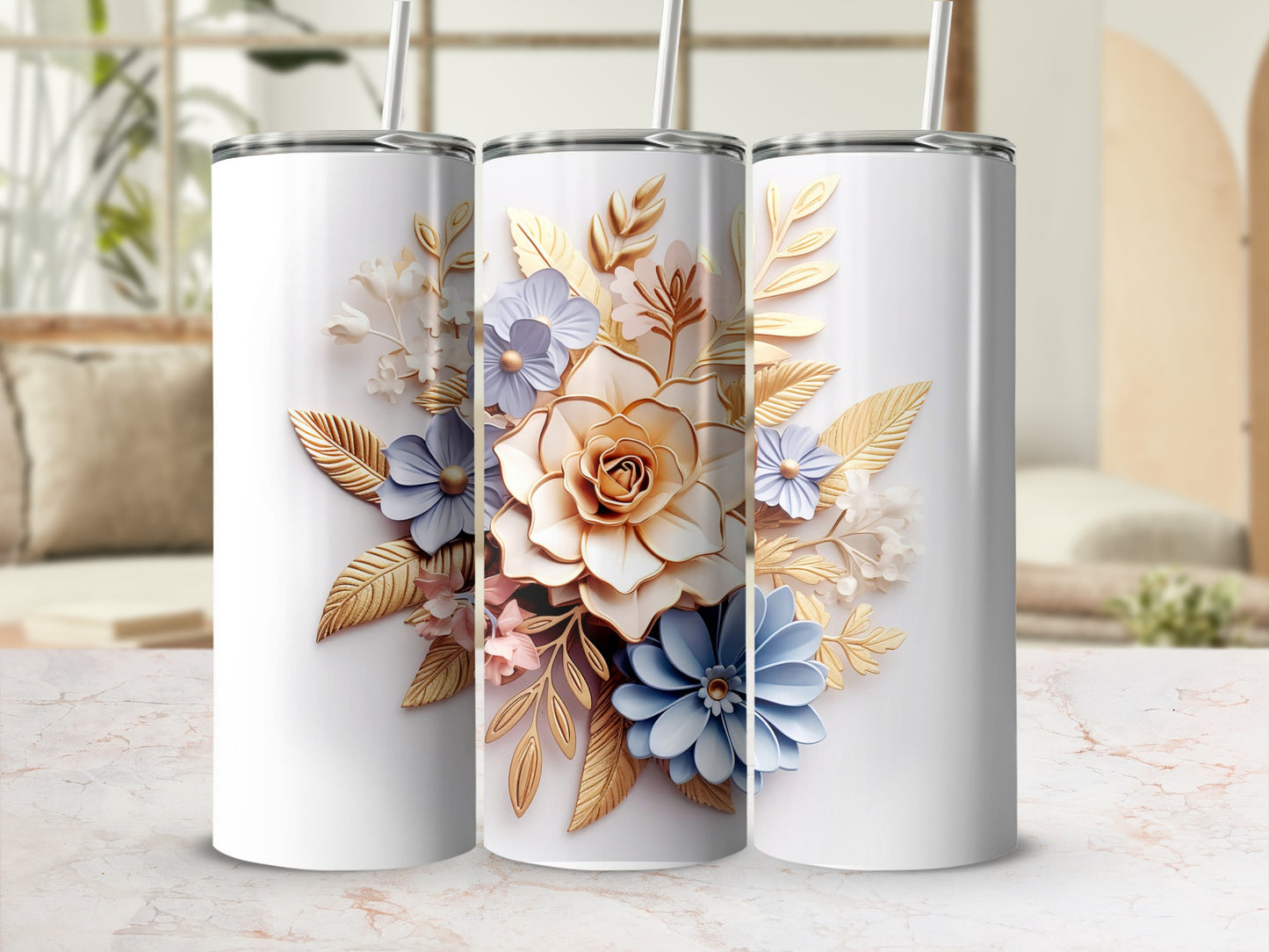 Elegant White Tumbler with Gold and Blue Floral Design