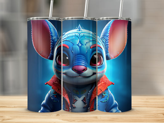 Blue alien creature with large ears wearing a jacket, displayed on three tumblers.