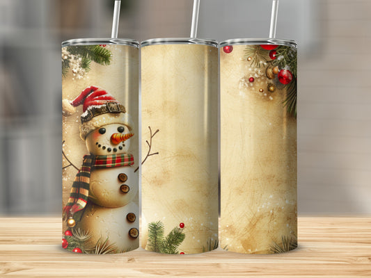 Snowman illustration on a tumbler with textured background.
