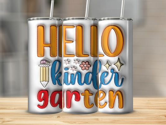 "Hello kinder garten" on white tumblers with straws and cartoon school supplies.