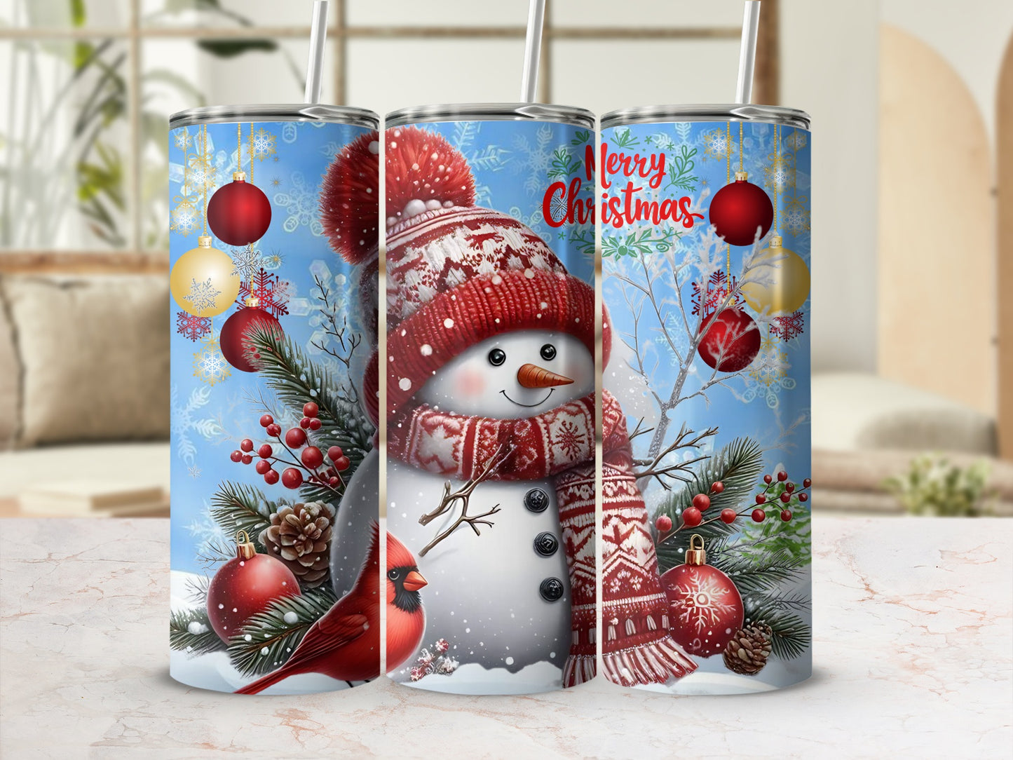 Festive Snowman and Holiday Ornaments Tumbler