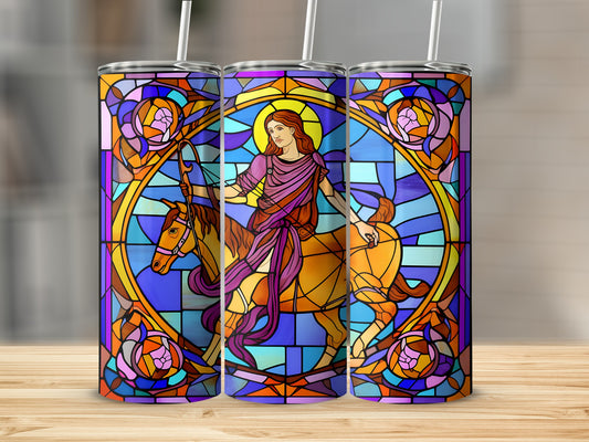 Stained glass Sagittarius design with woman on horse, on three tumblers.