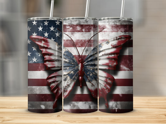 American flag butterfly pattern on a stainless steel tumbler.
