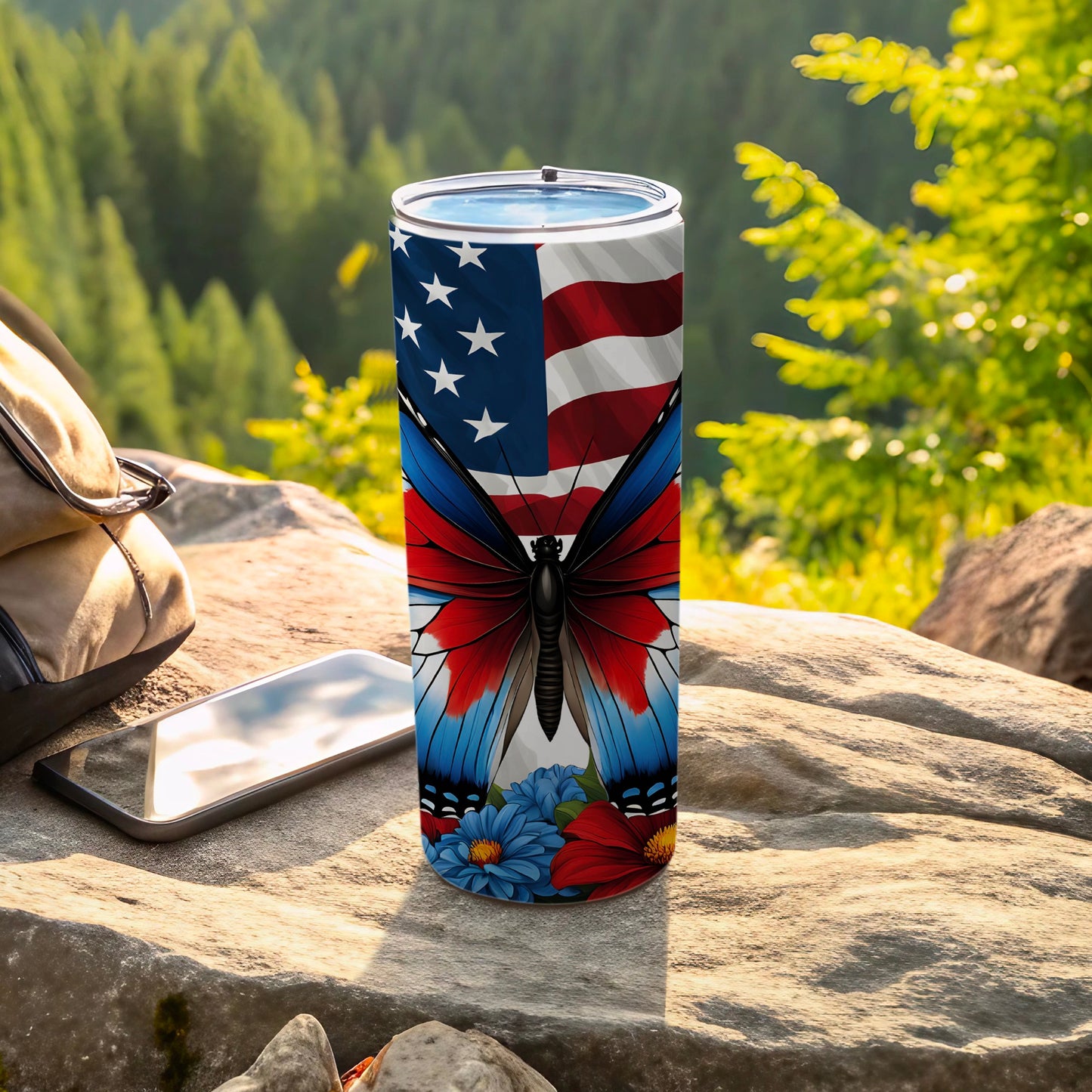 American flag butterfly design on a stainless steel tumbler.