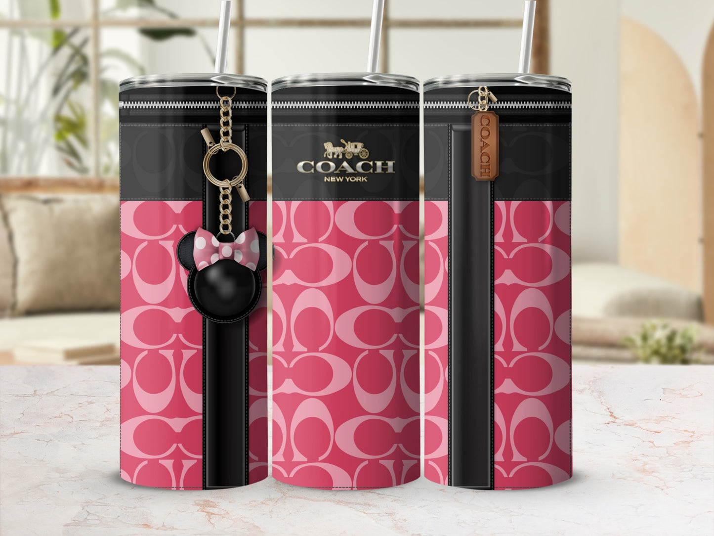 Pink and Black Coach Themed Tumbler with Zipper Detailing