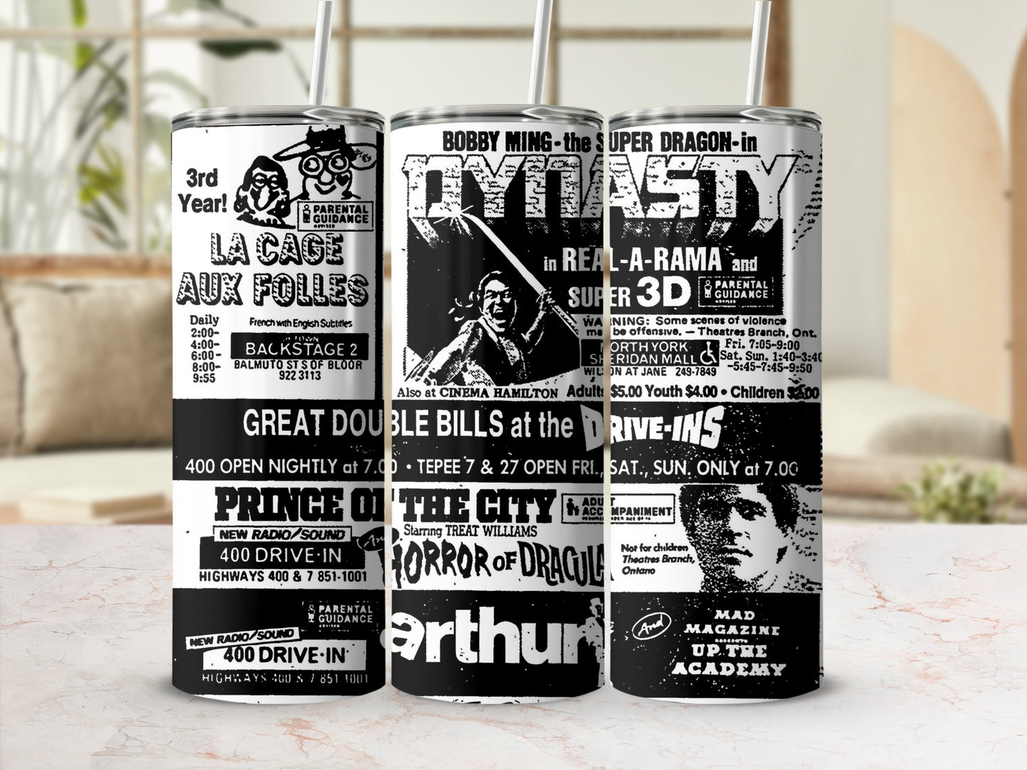 Retro Movie Ad Themed Tumbler for Classic Film Fans