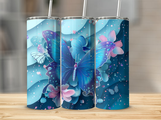 Three blue tumblers with iridescent butterfly and floral designs.