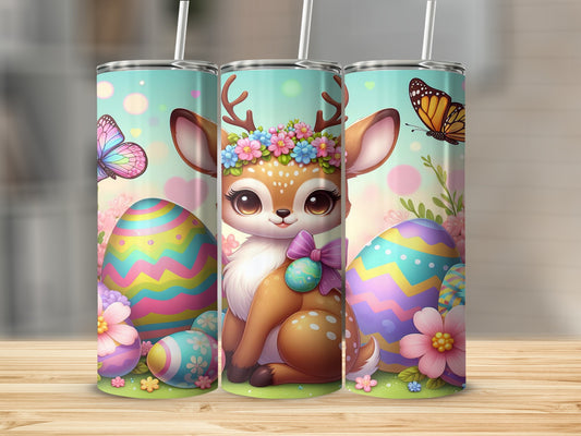 Cute fawn with floral crown and Easter eggs and butterflies.