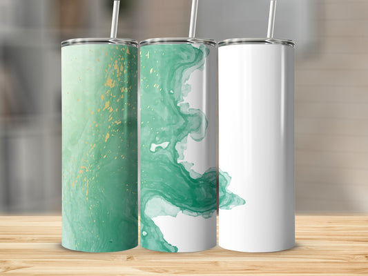 Three tumblers with green watercolor and gold accents, one blank.