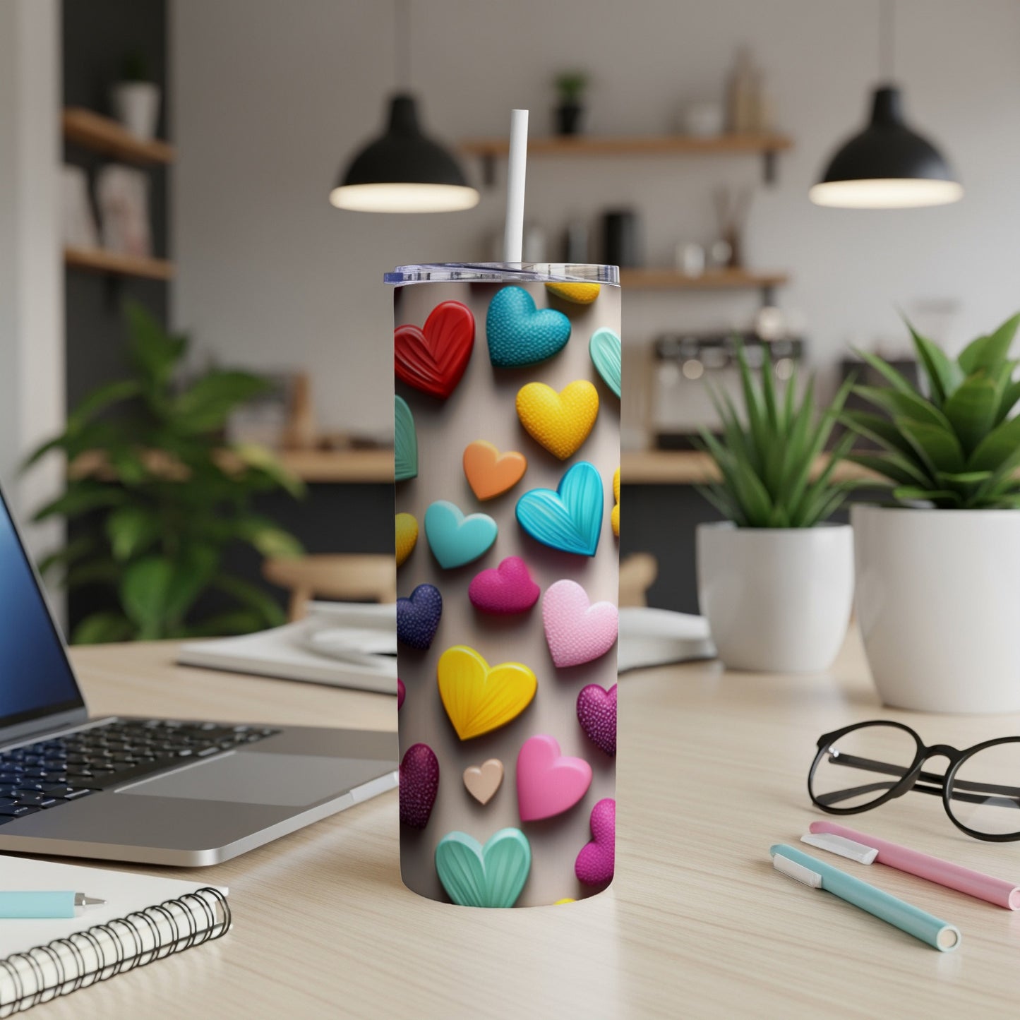 Tall tumbler with colorful heart designs and a straw, on a desk.
