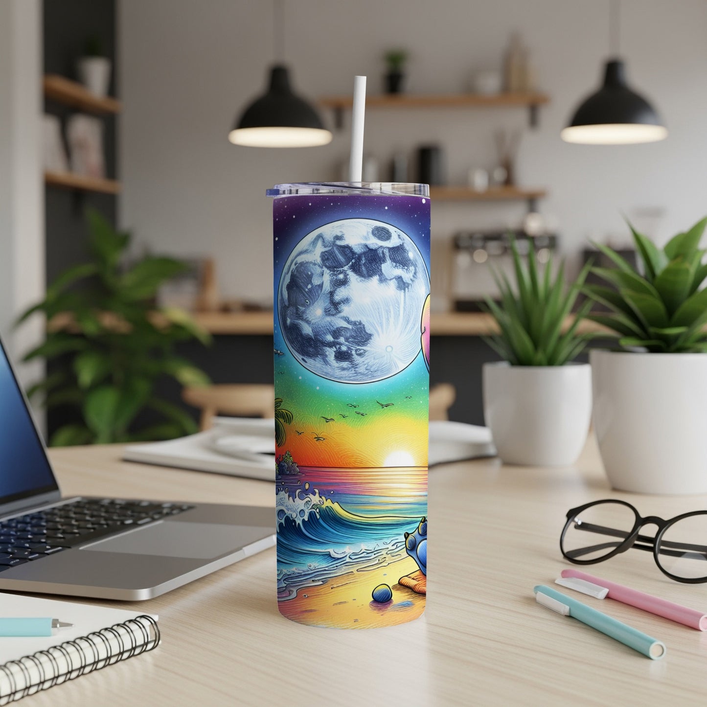 Colorful cosmic beach scene with a full moon on a tumbler.