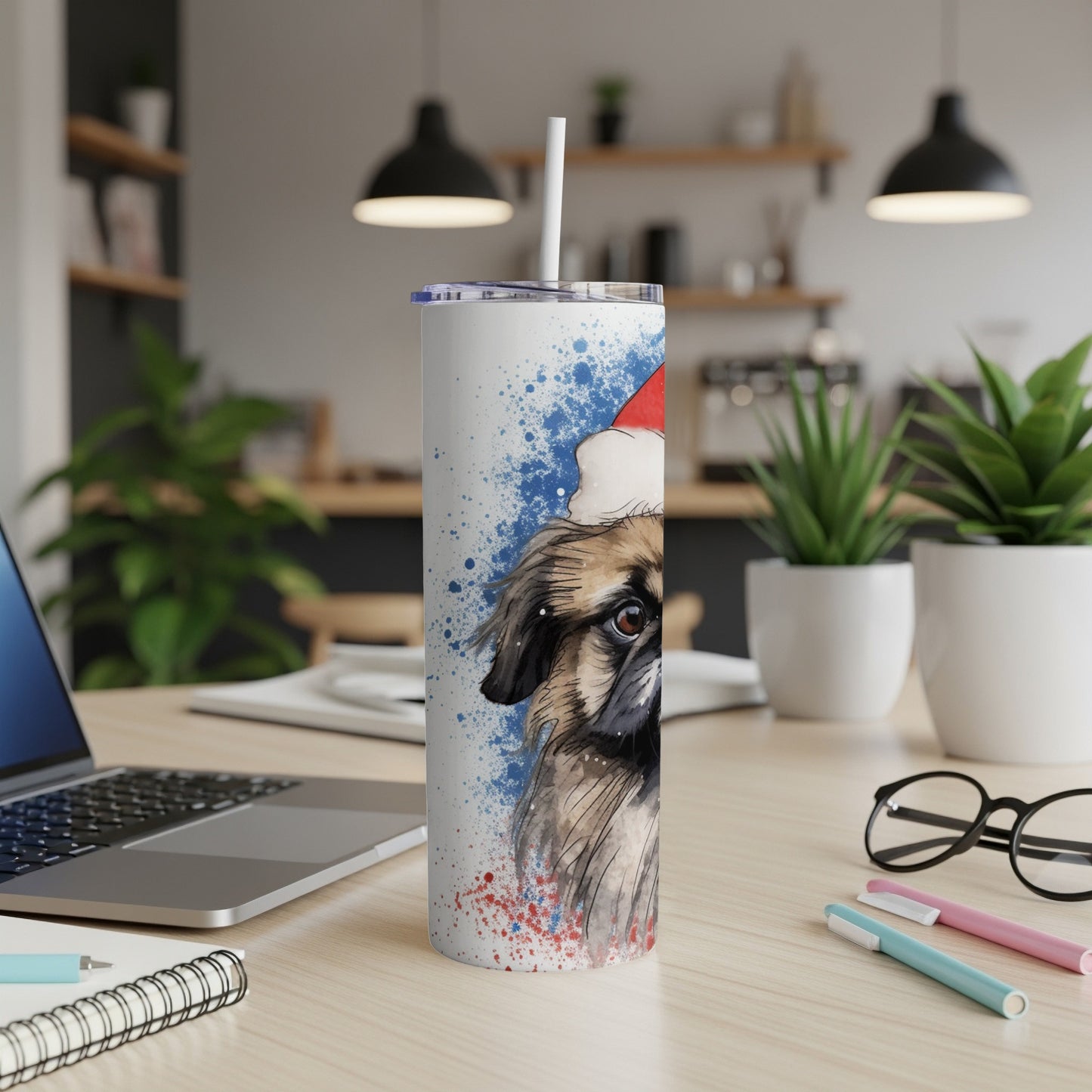 Watercolor Pekingese dog wearing a Santa hat on a tumbler.