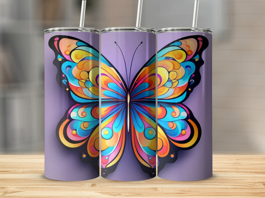 Three purple tumblers with colorful butterfly designs.
