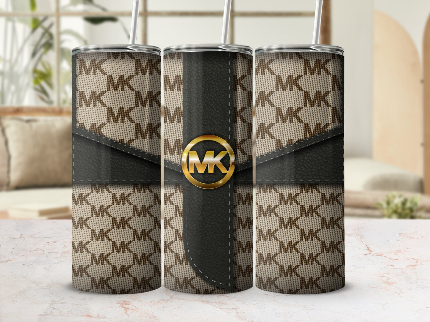 Stylish MK Branded Tumblers with Golden Emblem Design