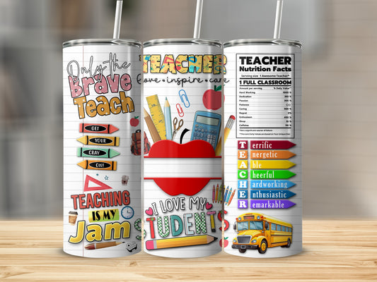 Teacher-themed tumbler with colorful graphics and nutrition facts label.