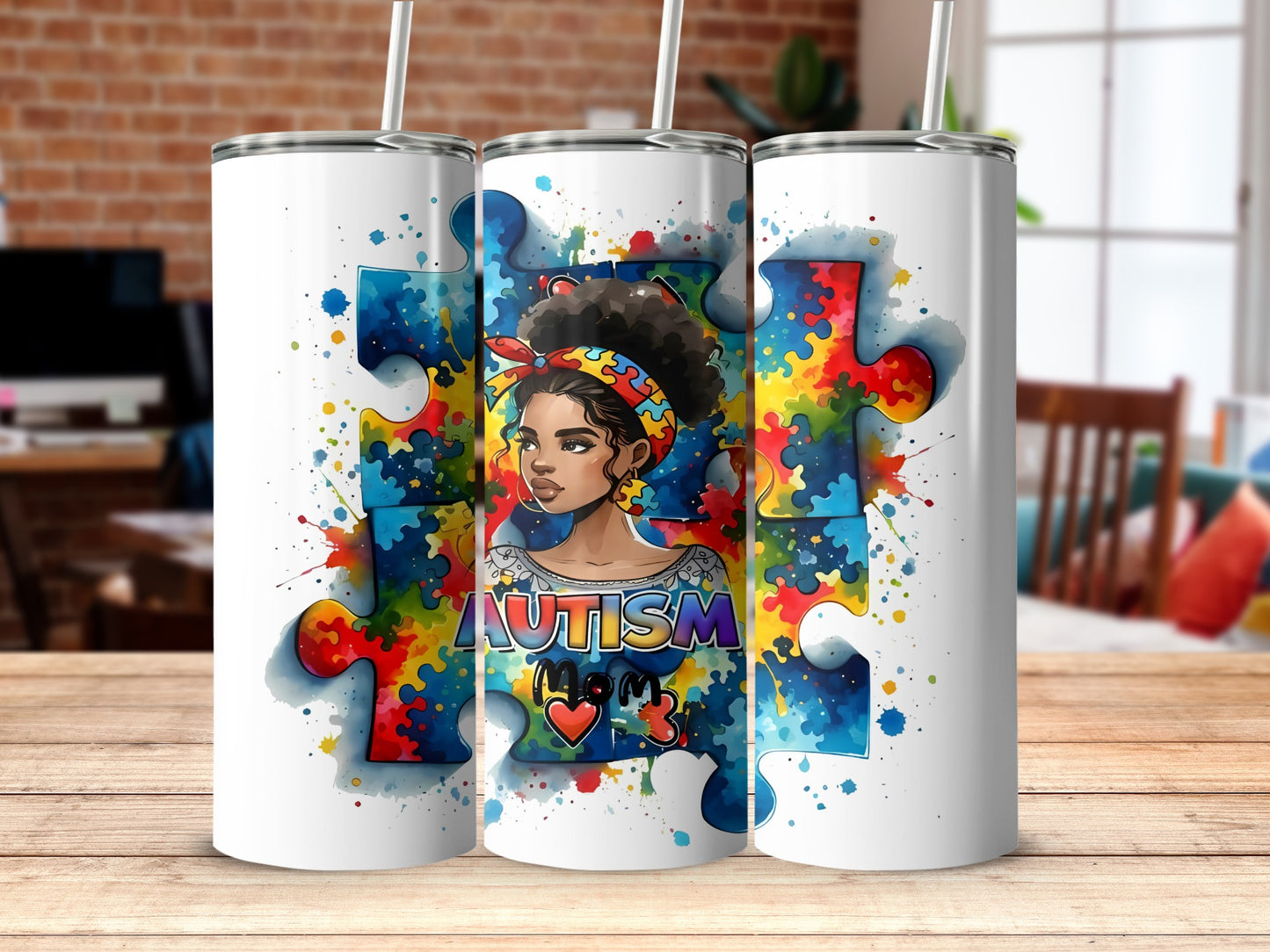 Autism Mom Tumbler with Colorful Puzzle Pieces Design