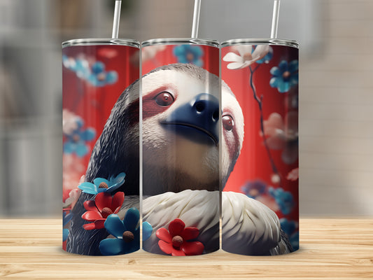Three tumblers featuring a sloth with red and blue flowers.