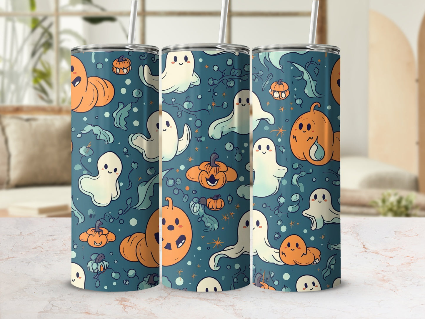 Halloween Ghost and Pumpkin Pattern Insulated Tumbler